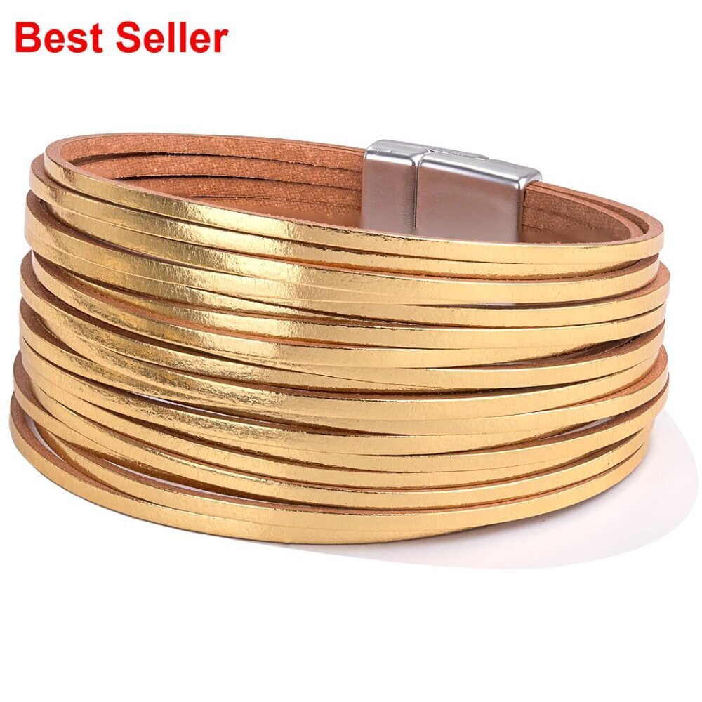 Faux Leather Wrap Bracelet with Magnetic Clasp, Multi-Layer Boho Cuff
